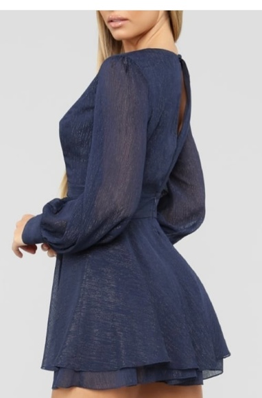 Fashion Nova navy metallic long sleeved romper (shorts) - Picture 2 of 7